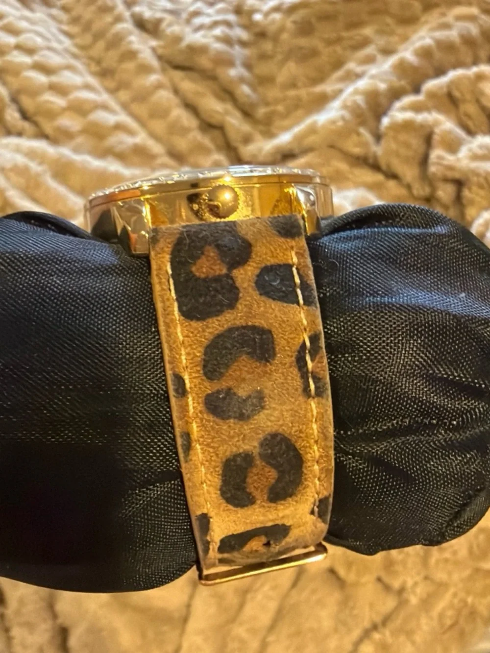 GUESS Gold-Tone Dual Dial Watch with Brown Patterned Strap